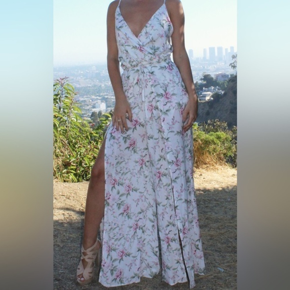 Cotton Candy LA White Floral Wrap Split Leg Jumpsuit